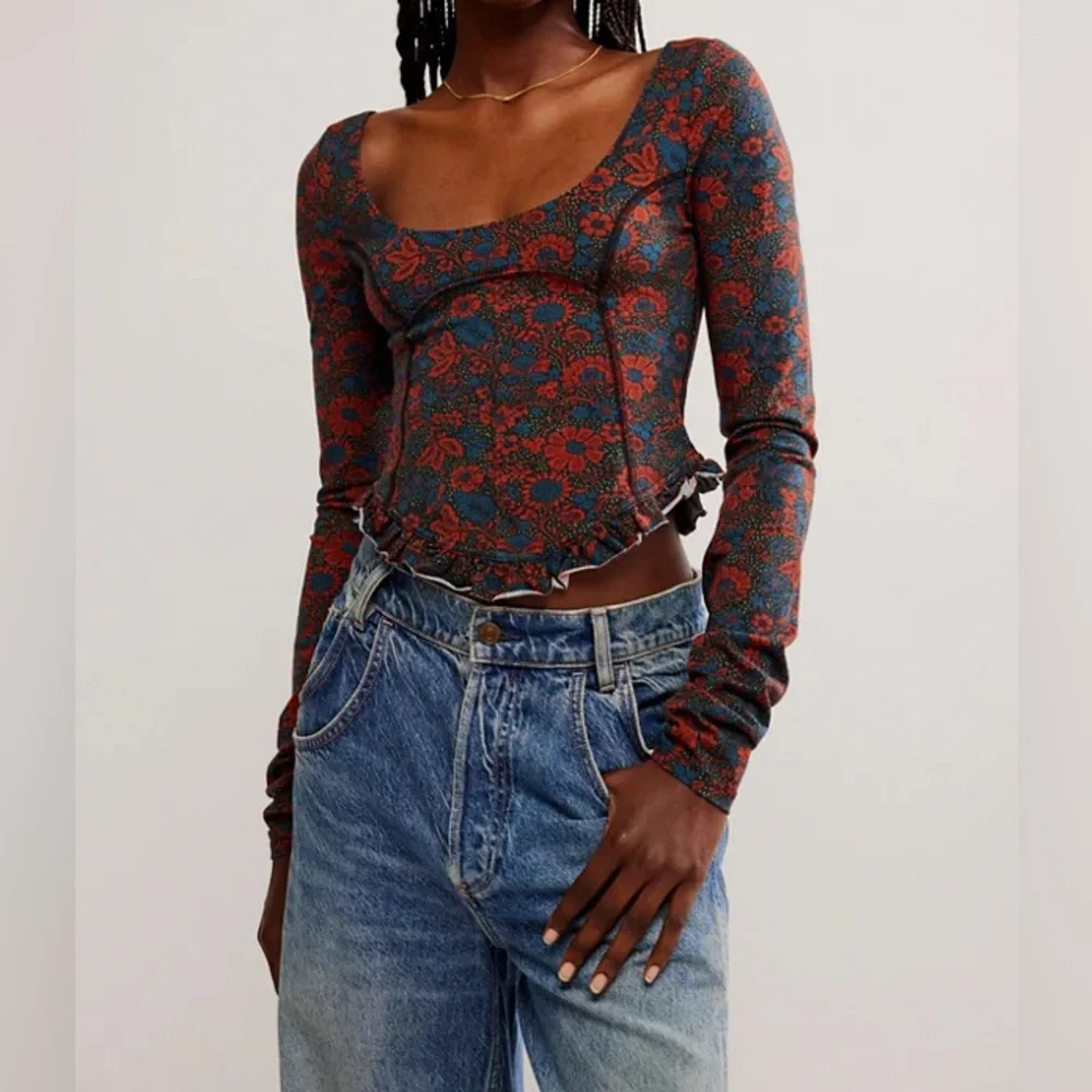 FREE PEOPLE Melanie Long Sleeve Floral Top - Size XS - Crisscross Back - NWT